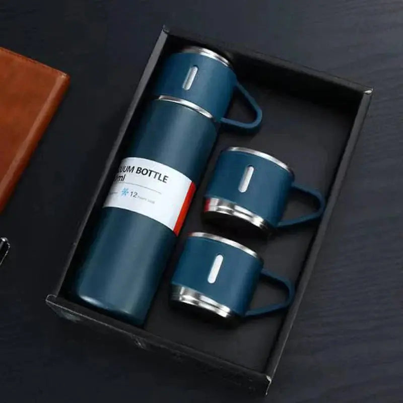 500 ml Stainless Steel Vacuum Flask with 3 Mugs, Gift Packaging