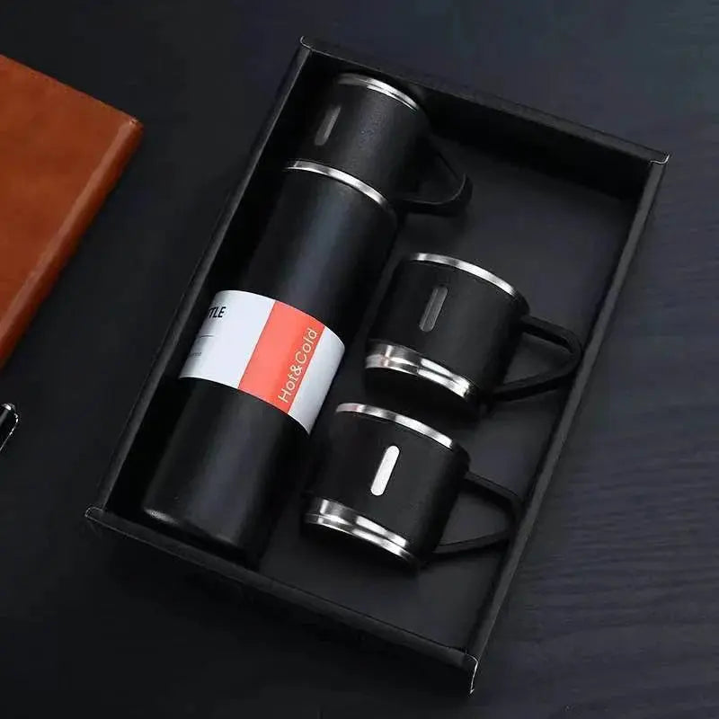 500 ml Stainless Steel Vacuum Flask with 3 Mugs, Gift Packaging