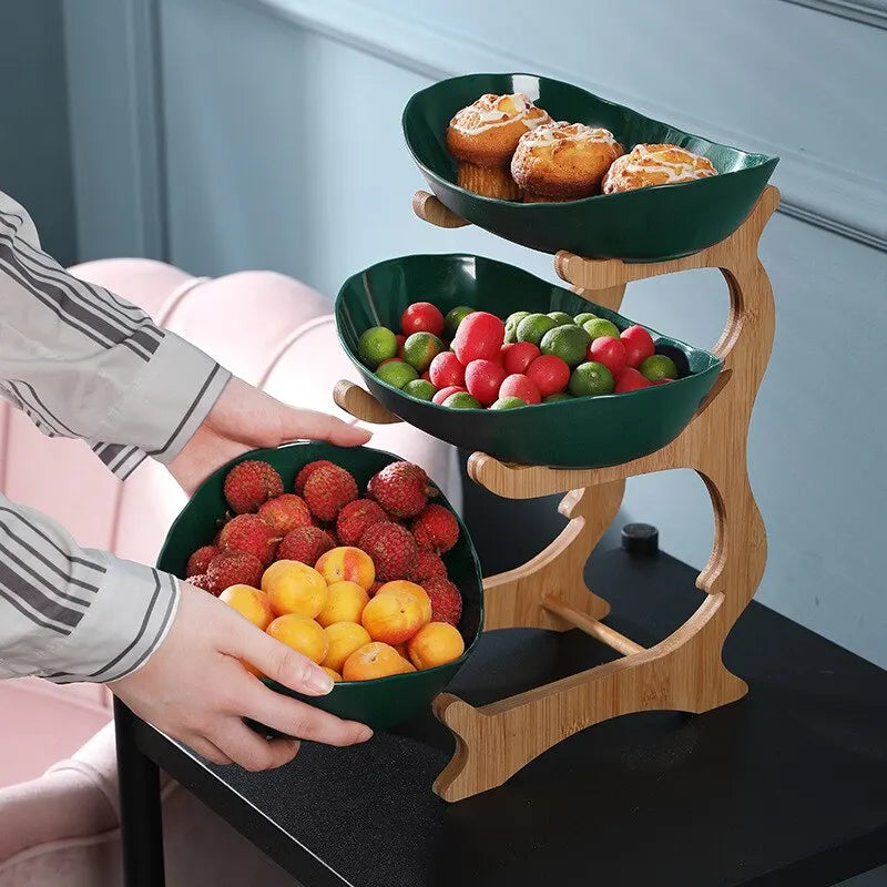 Multi-Level Fruit Organizer with Bamboo Base and Plastic Bowls