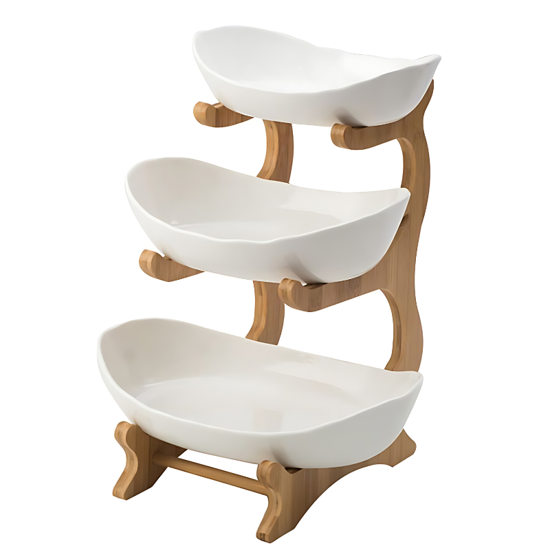 Multi-Level Fruit Organizer with Bamboo Base and Plastic Bowls