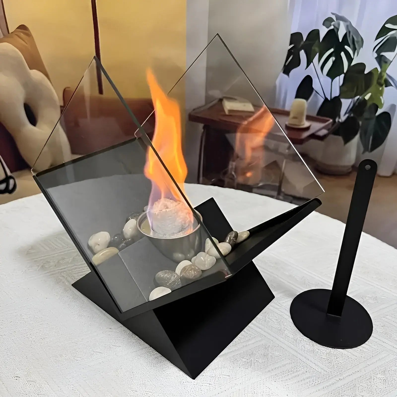 Tabletop Fireplace with Bioethanol – Real Flame and Stone Accent