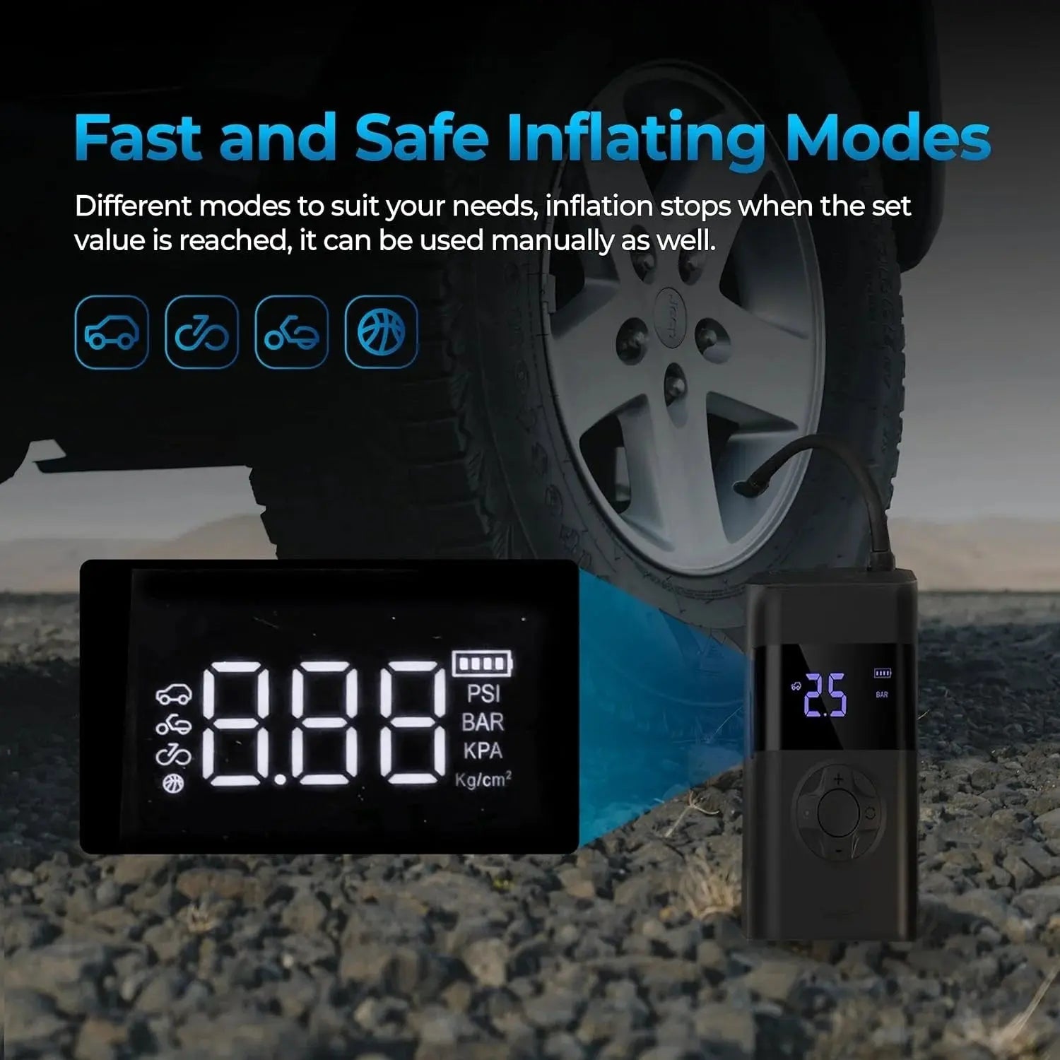Portable Battery-Powered Tire Inflator - 150 PSI Digital Gauge