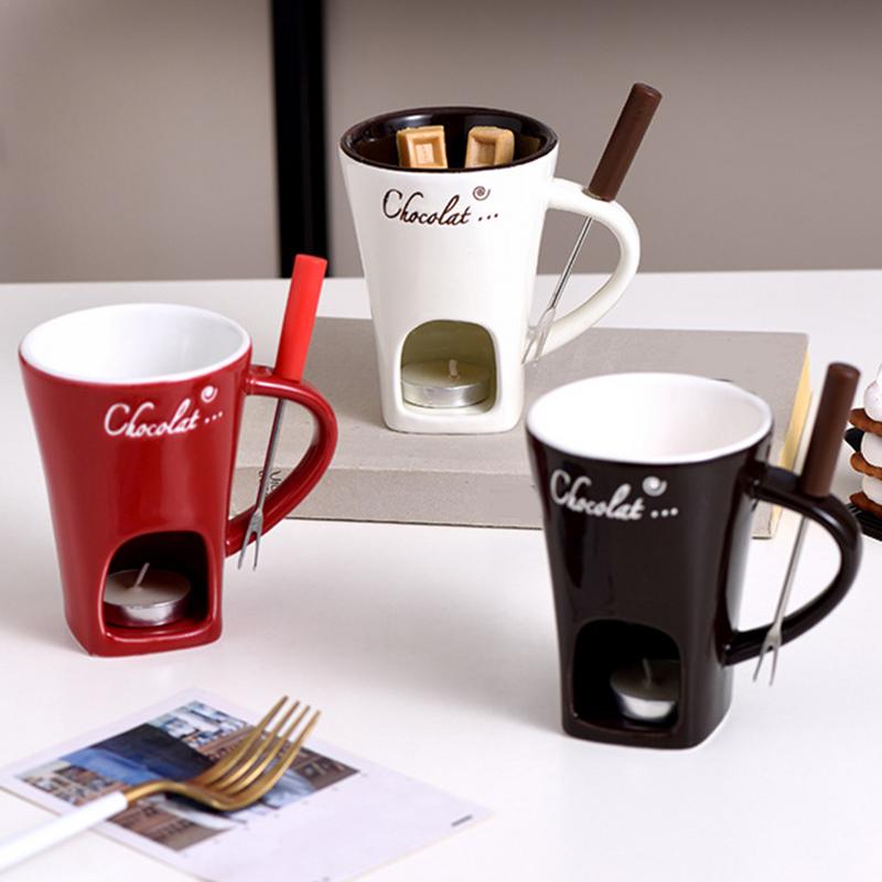 Candle Warmer Ceramic Fondue Set with Stainless Steel Fork