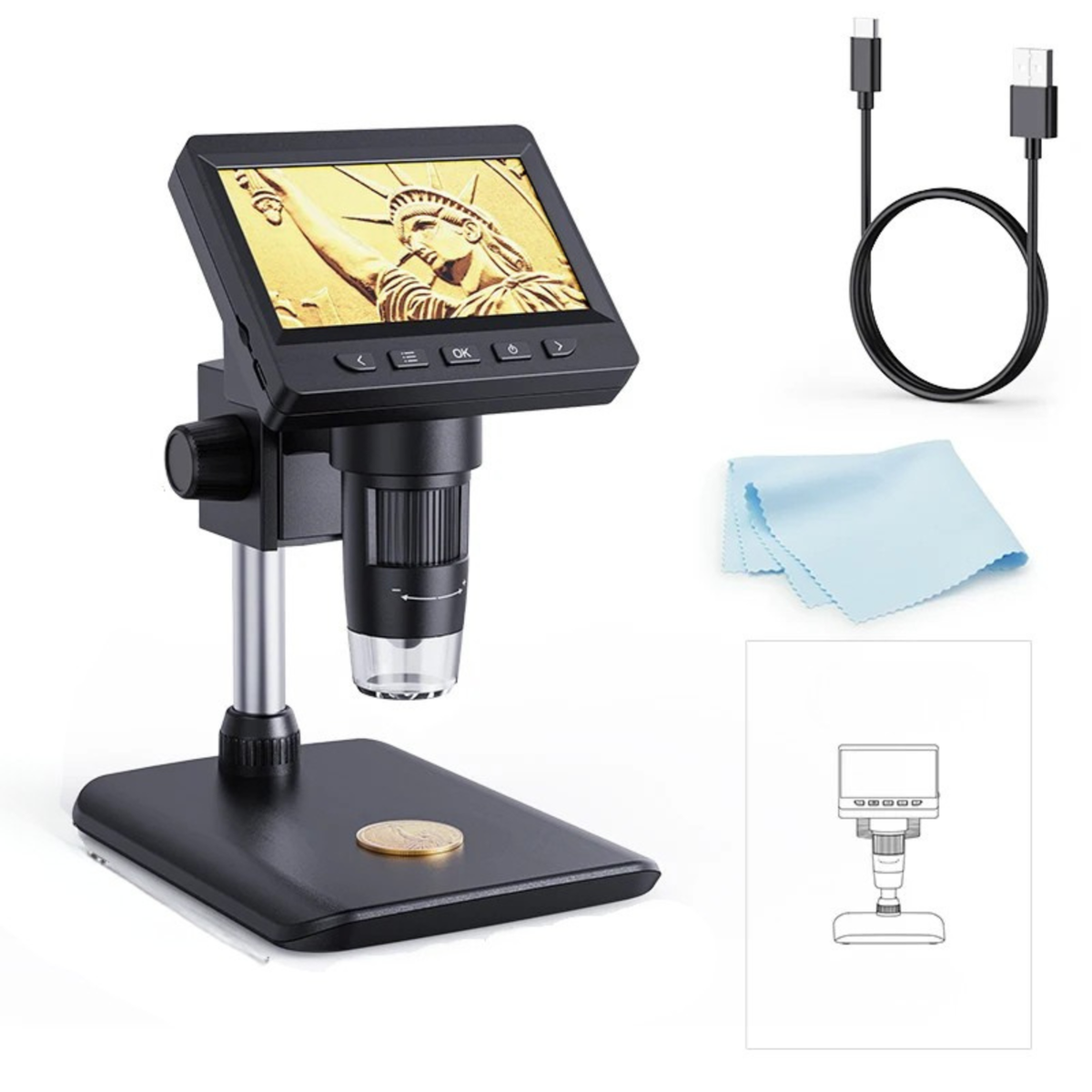 1000X Zoom Digital Microscope with 4.3-Inch IPS Display for Coins and Soldering