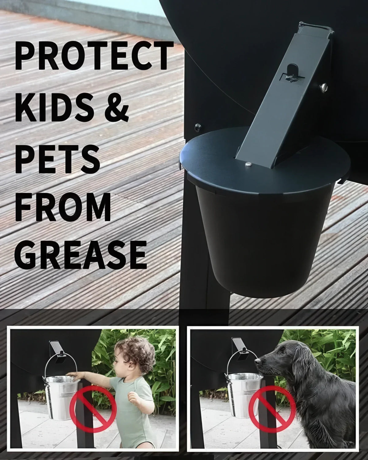 Enclosed Grease Bucket with Lid and Reusable Silicone Liner for Pellet Grills