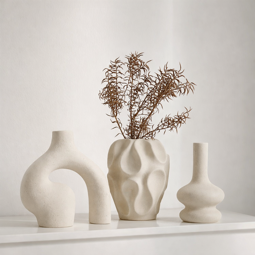 Modern Ceramic Vase Trio in Elegant Matte White Finish