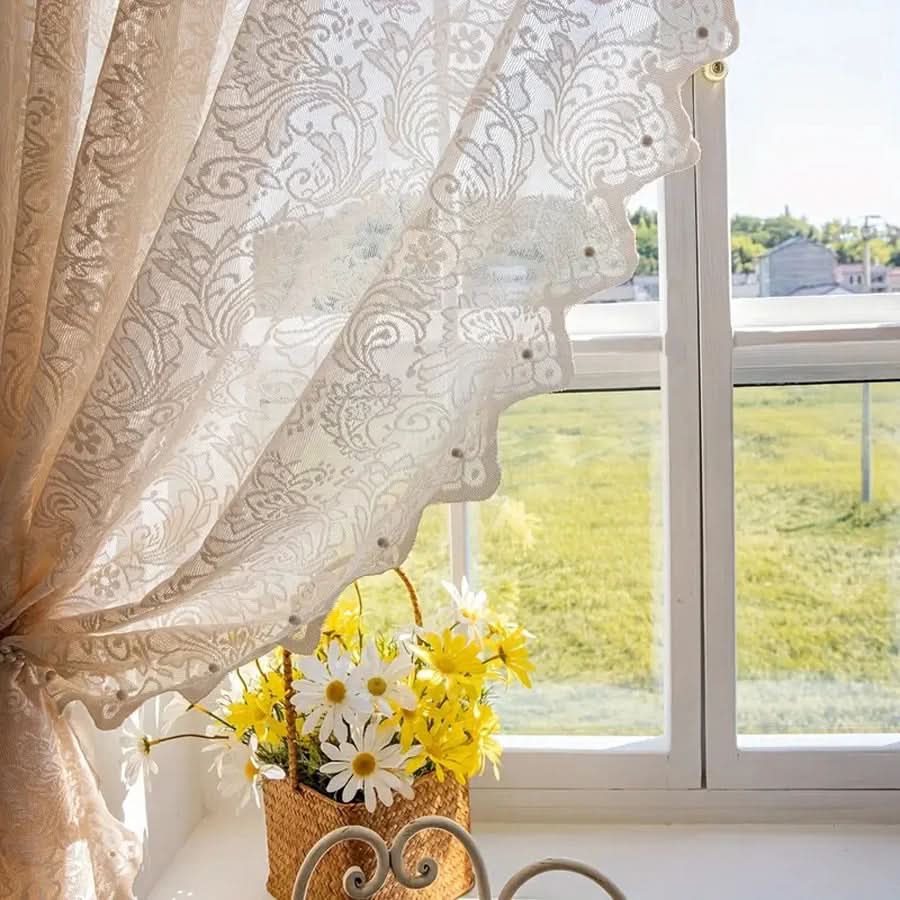 Elegant White Lace Curtain Panel with Beaded Phoenix Tail Design
