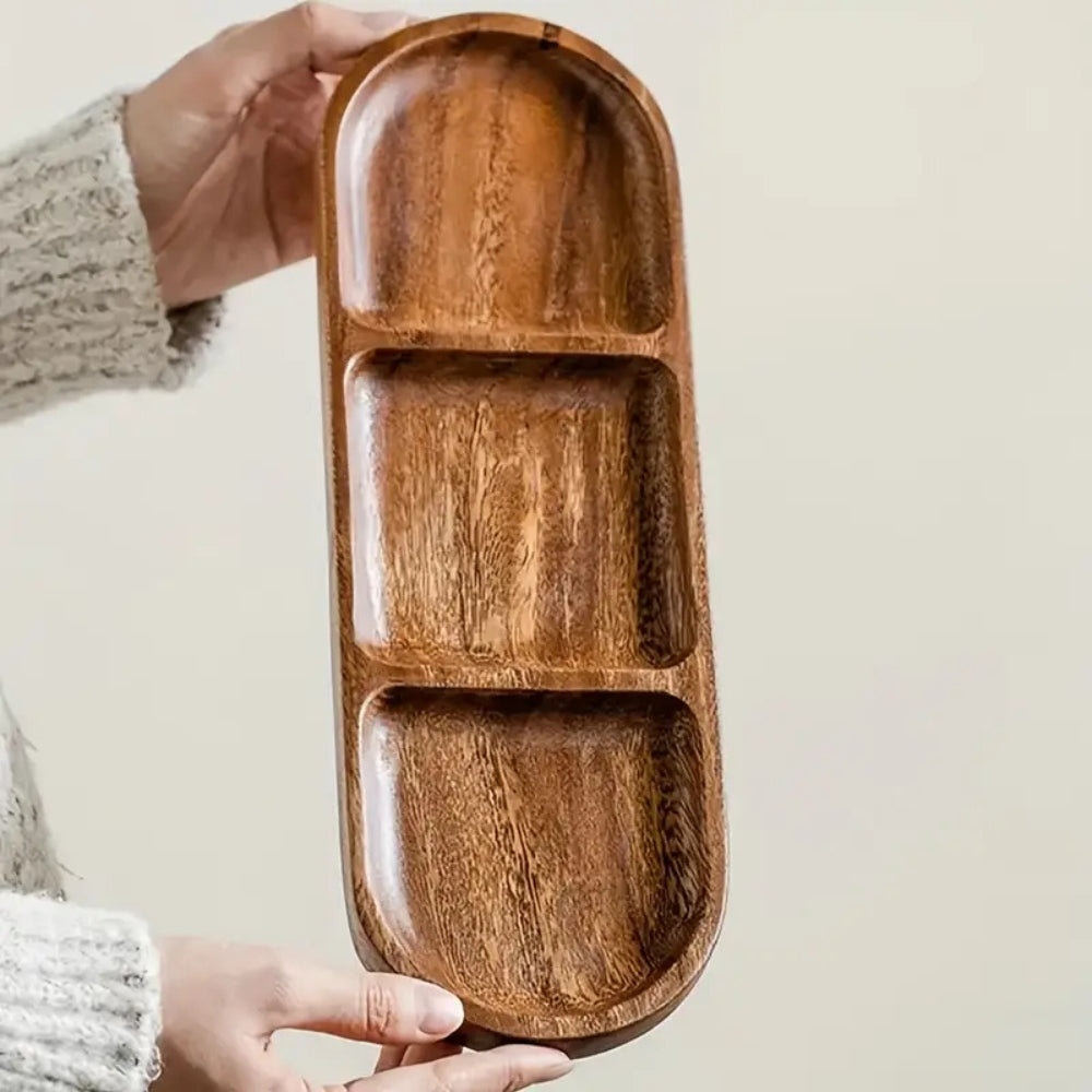 Elegant Wooden Snack Tray with 3 Dividers - 11 x 4 Inches