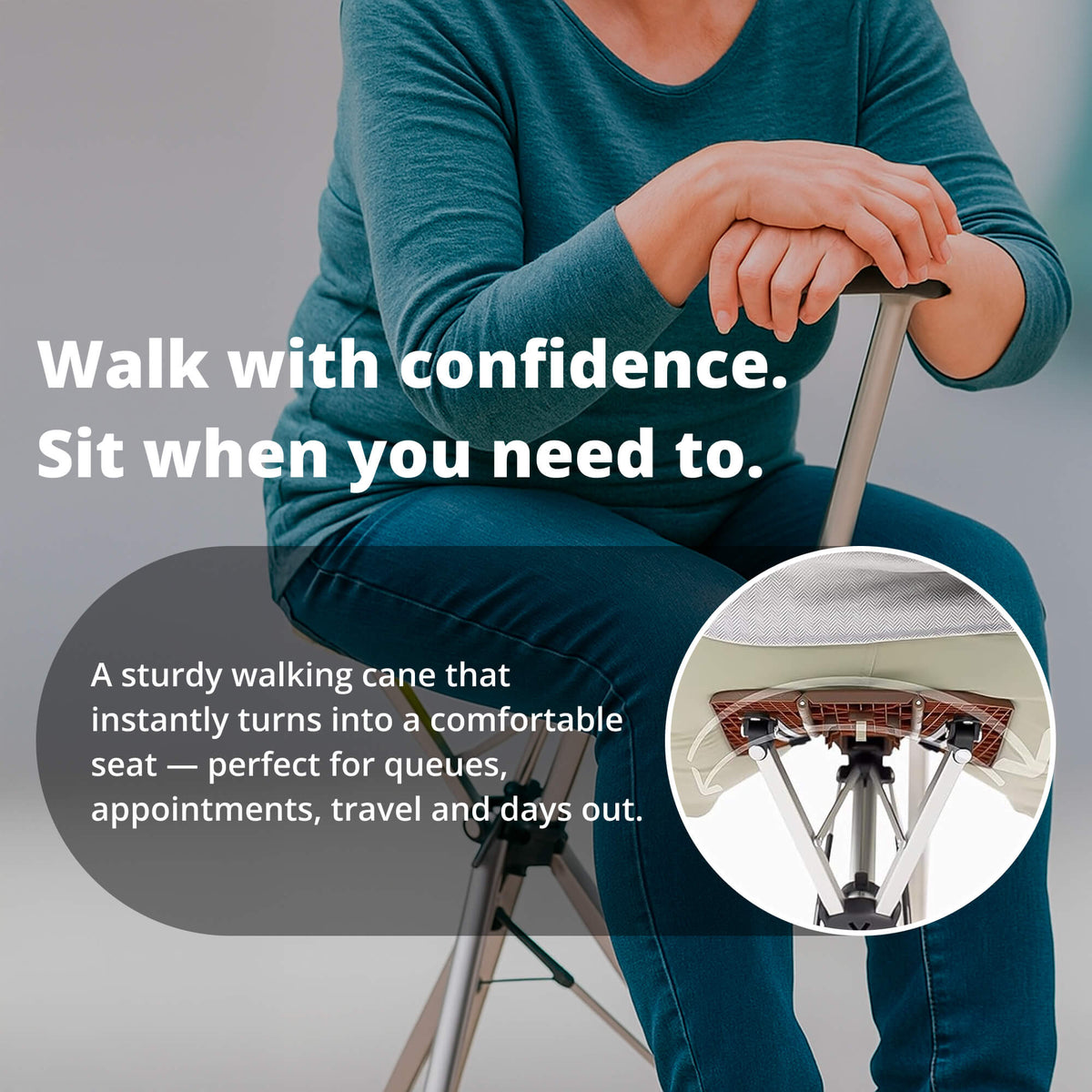 Folding Cane Chair with Seat - Lightweight Portable Walking Stick for Mobility
