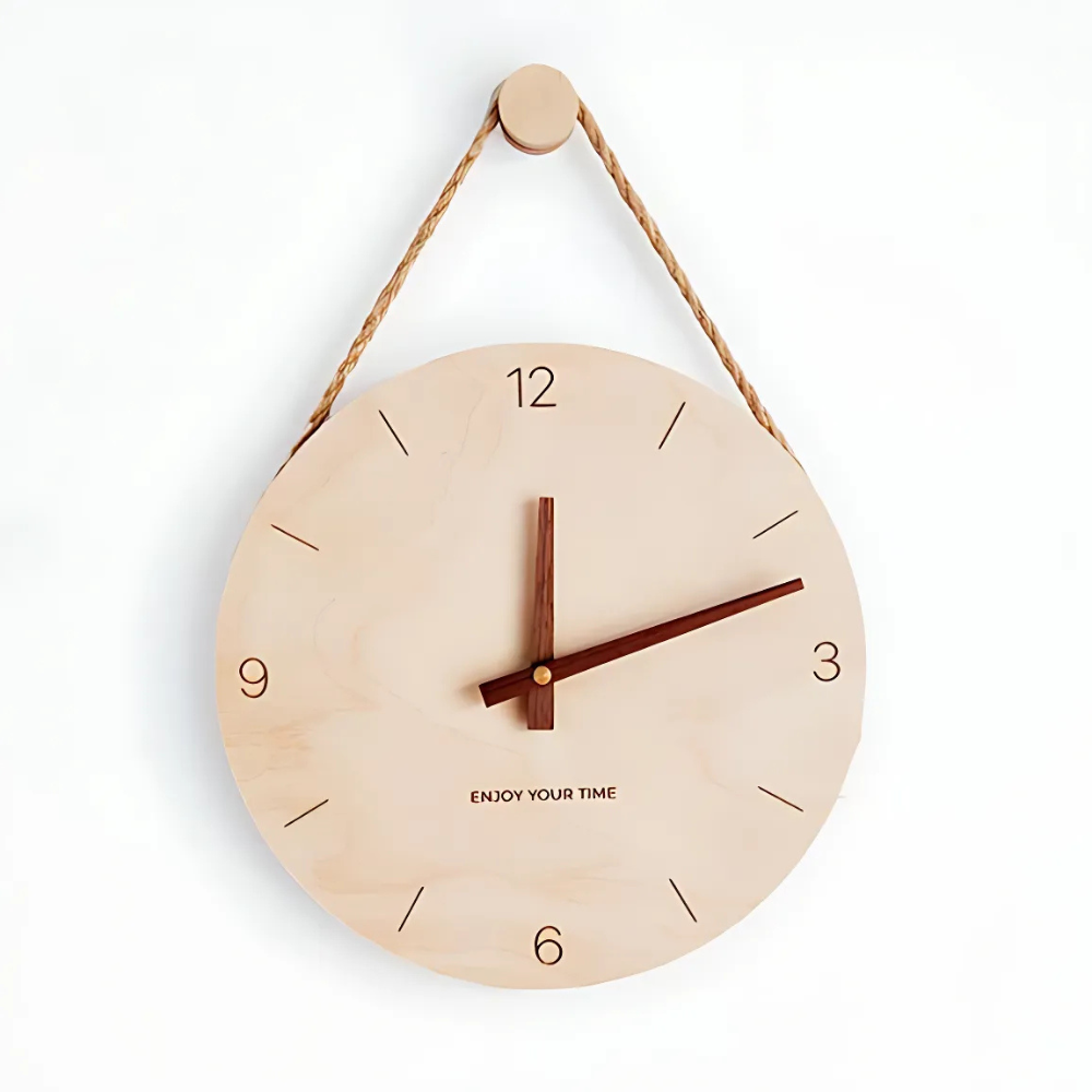 Elegant Wooden Wall Clock with Silent Mechanism and Rope Hanger