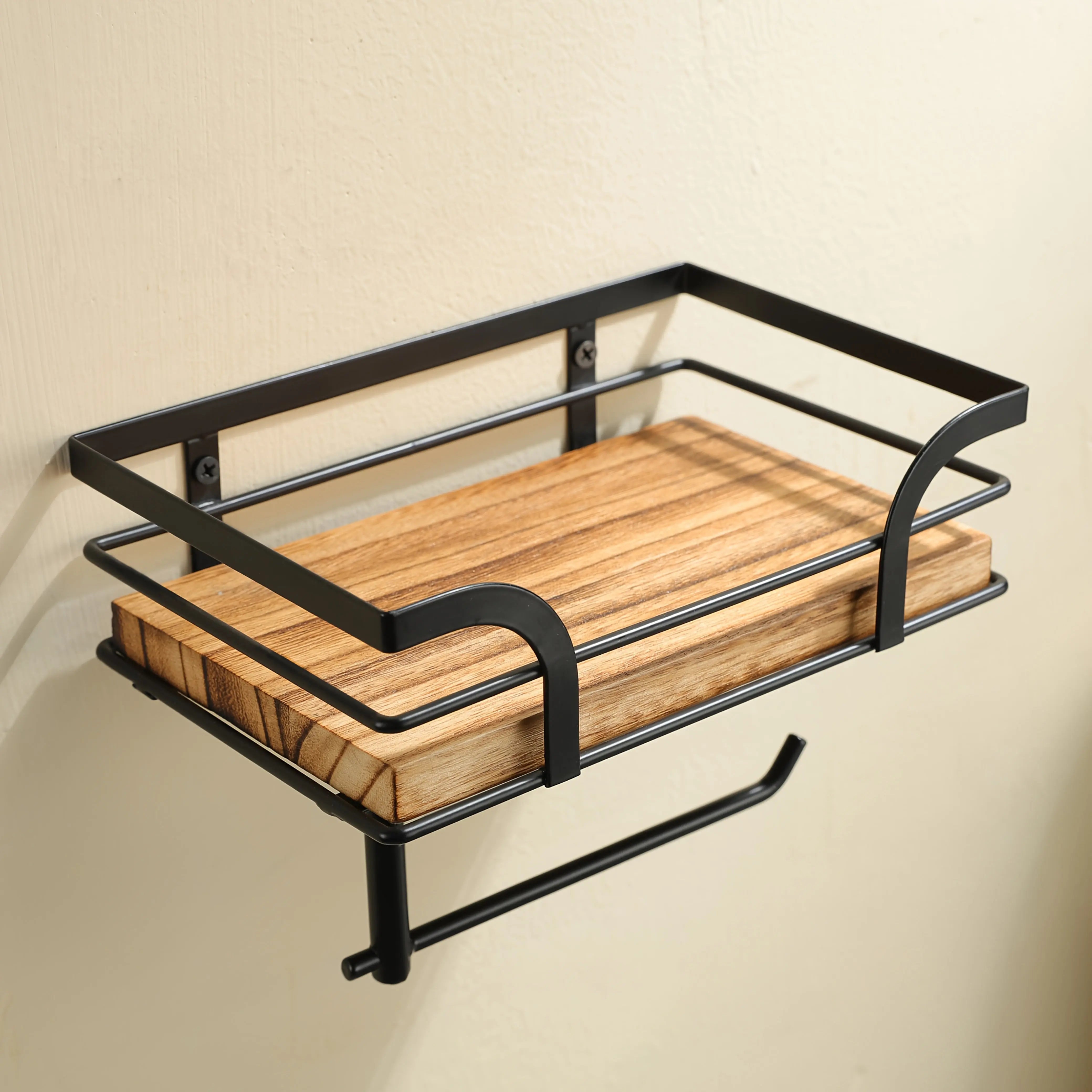 Wall-Mounted Bathroom Shelf with Toilet Paper Holder – Wood and Metal