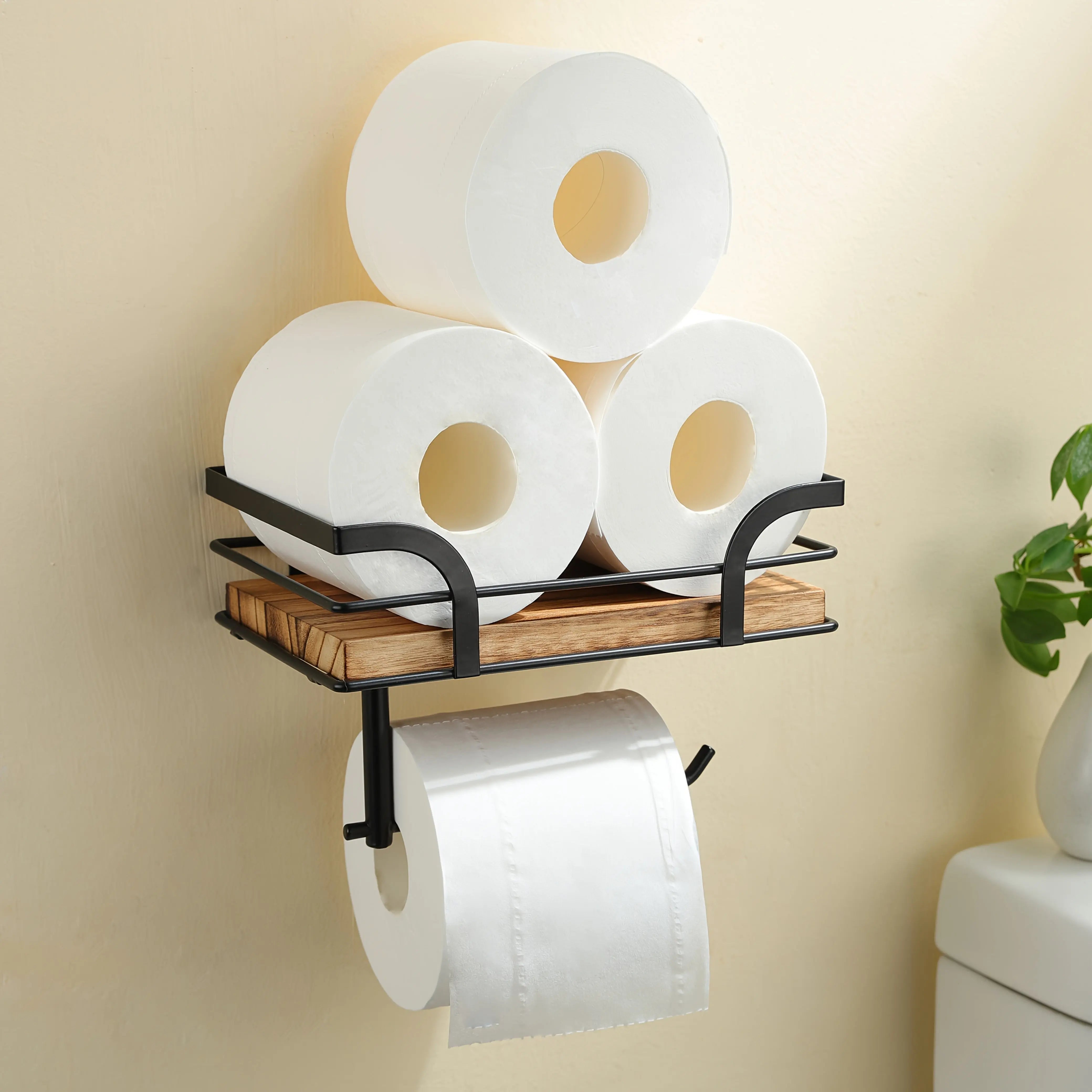 Wall-Mounted Bathroom Shelf with Toilet Paper Holder – Wood and Metal