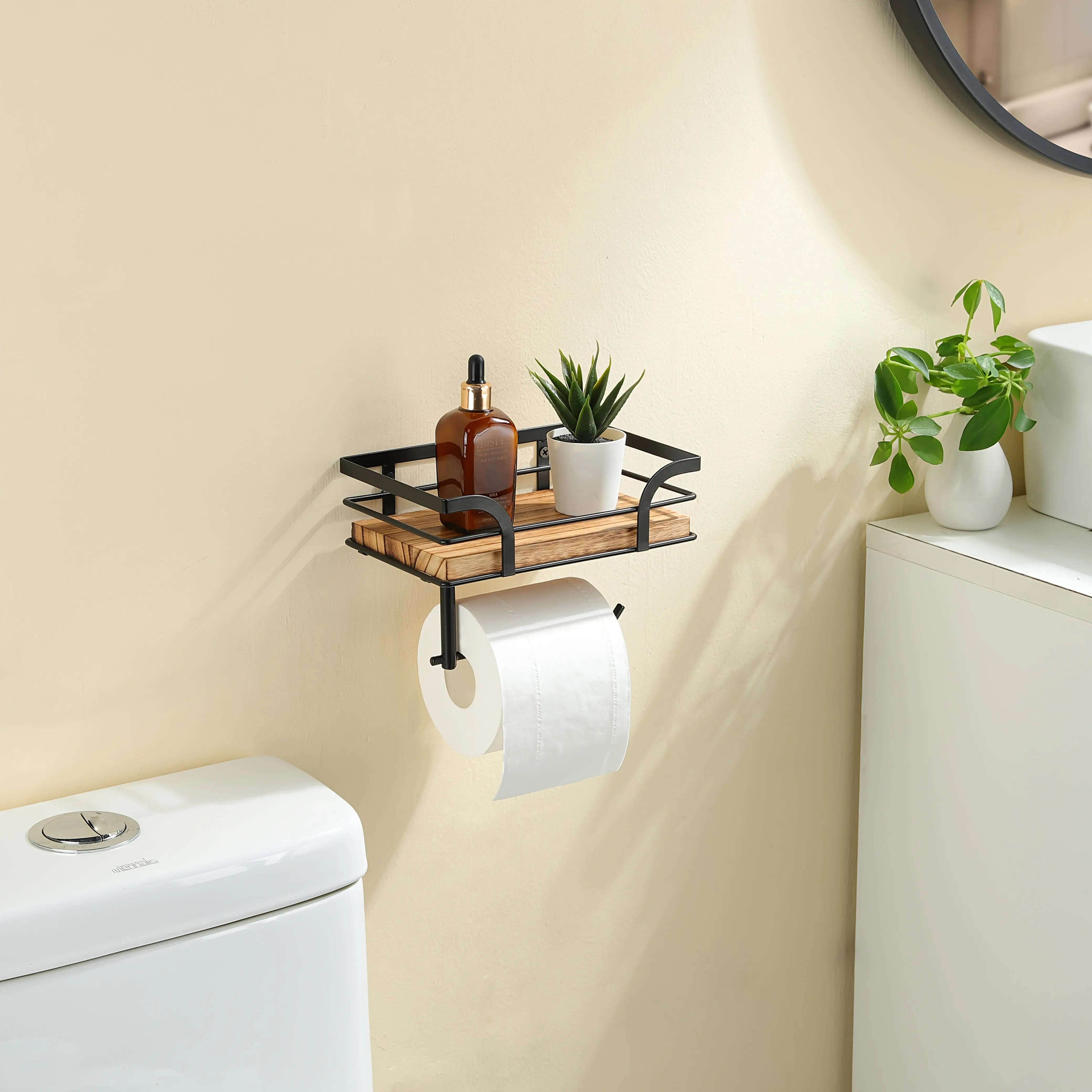 Wall-Mounted Bathroom Shelf with Toilet Paper Holder – Wood and Metal