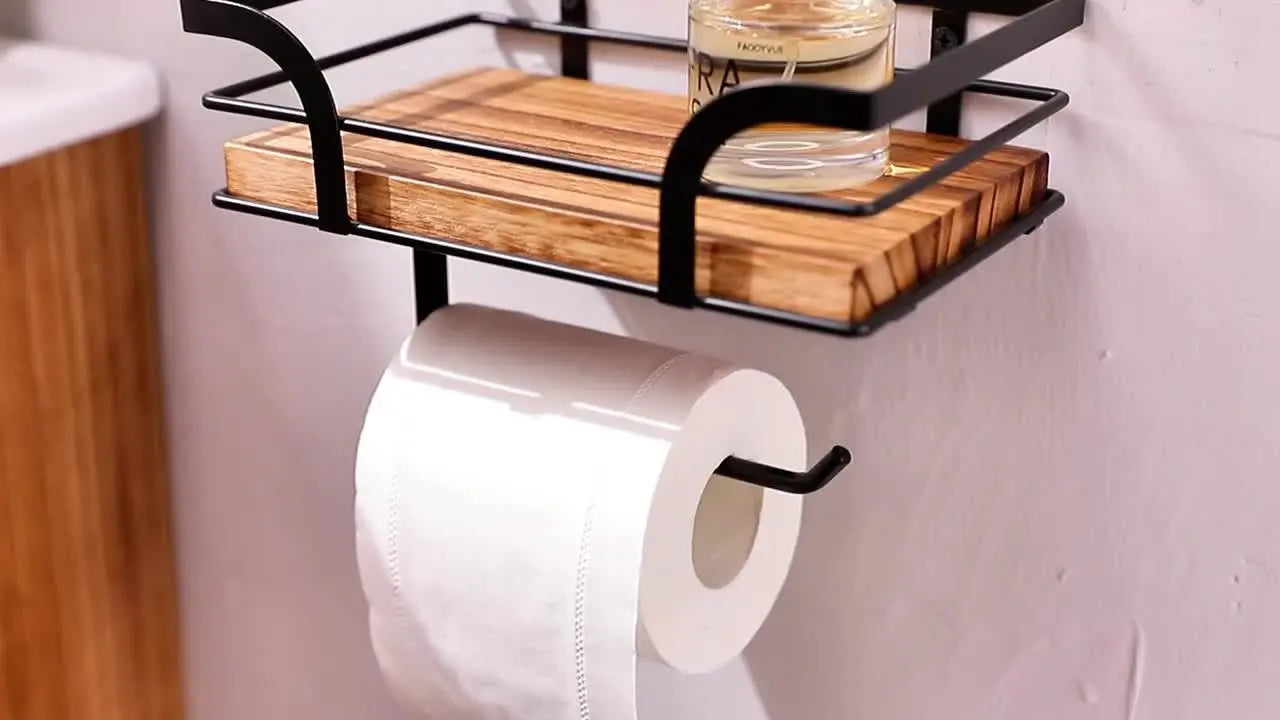 Wall-Mounted Bathroom Shelf with Toilet Paper Holder – Wood and Metal