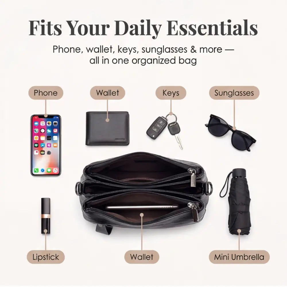 Three-Compartment Shoulder Bag – Soft Faux Leather, Available in Four Colors