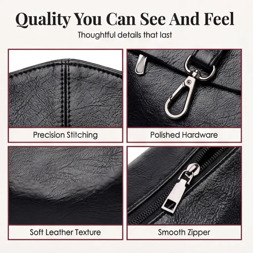 Three-Compartment Shoulder Bag – Soft Faux Leather, Available in Four Colors