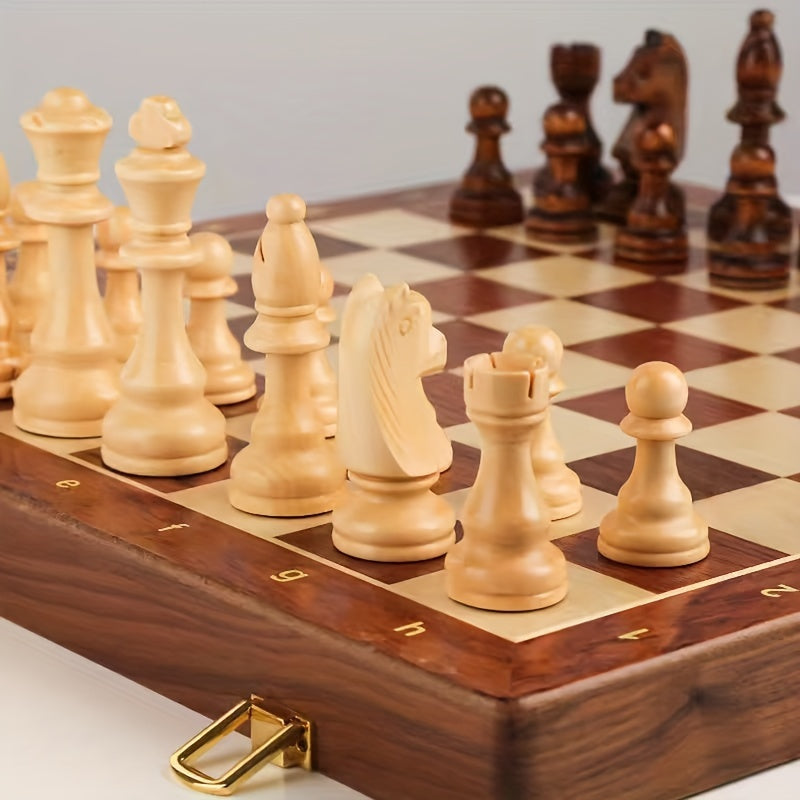 Elegant Wooden Chess Set with Foldable Board and Artisan Pieces