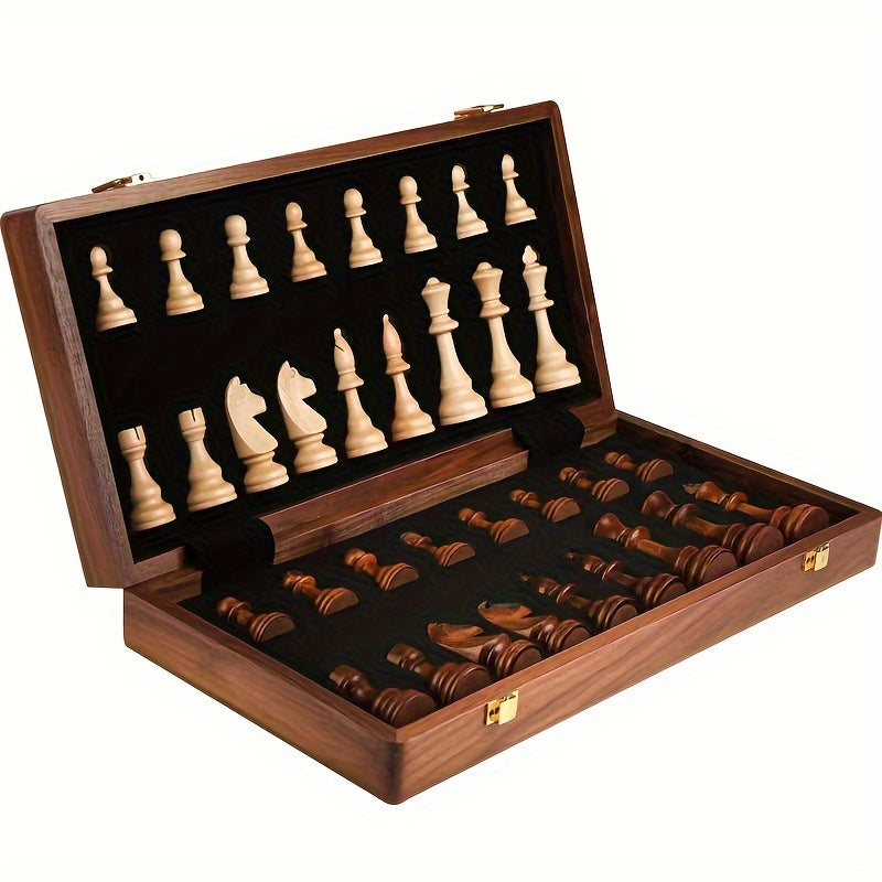 Elegant Wooden Chess Set with Foldable Board and Artisan Pieces