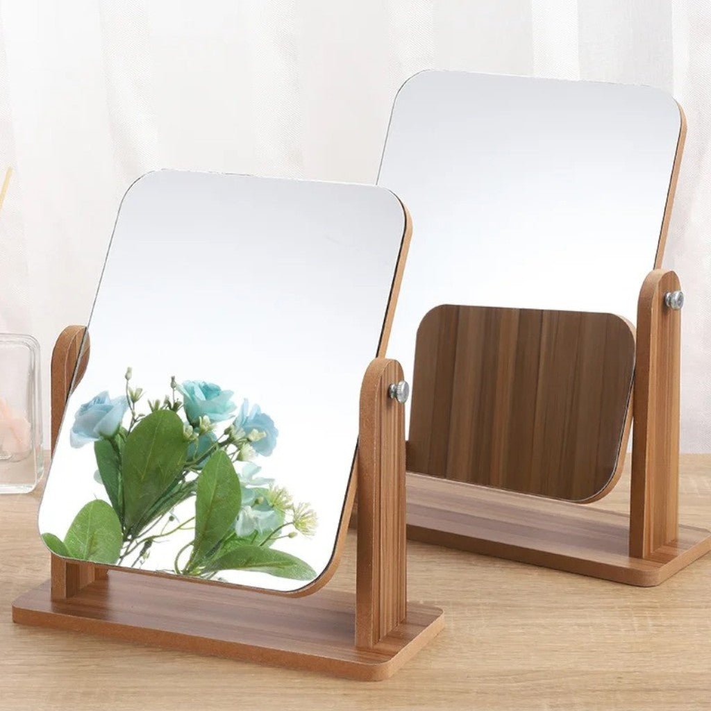 Elegant 360-Degree Rotating Tabletop Mirror with Wooden Frame