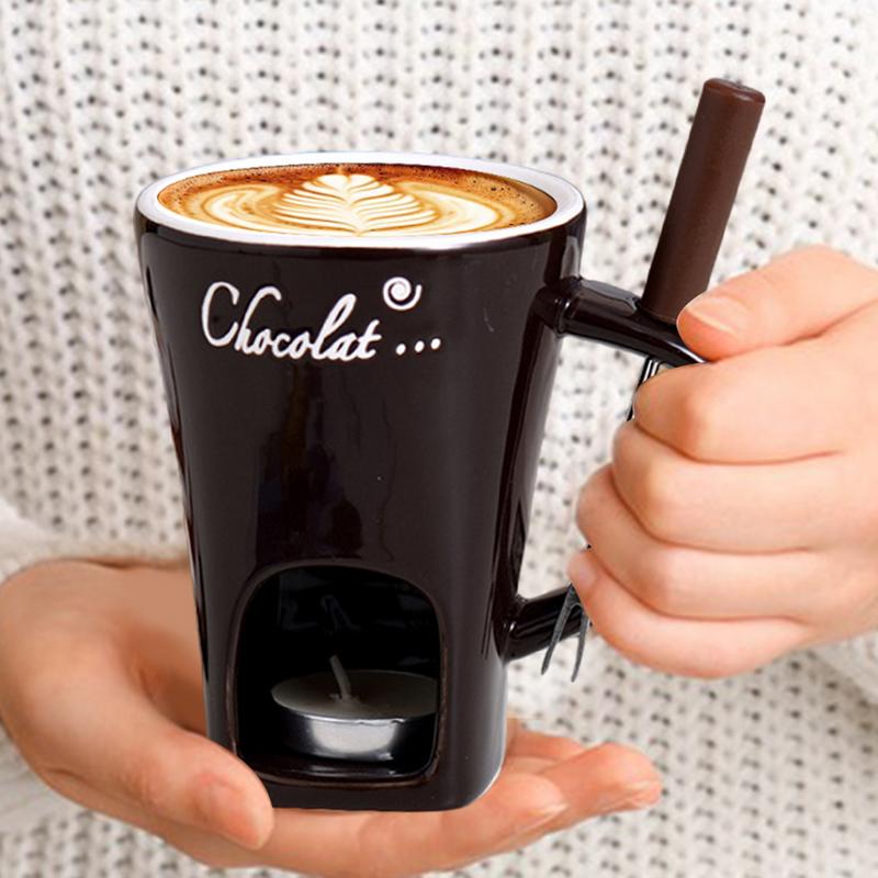 Fondue Cup in Ceramic with Stainless Steel Fork and Wax Candle