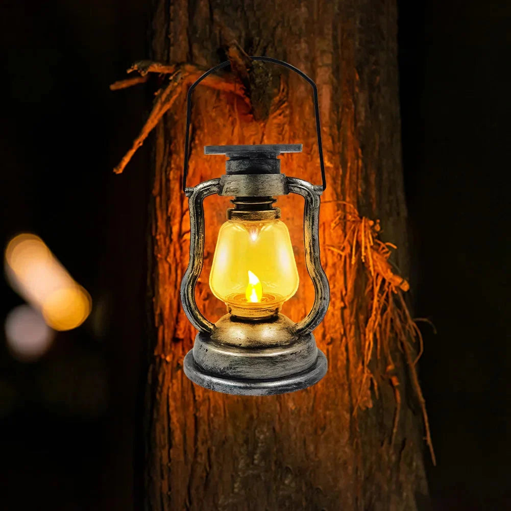 Vintage-Style Solar Lantern Featuring Flickering LED Illumination