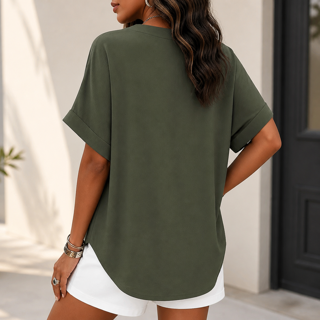 Silkora™ – Casual V-Neck Top with Rounded Hem