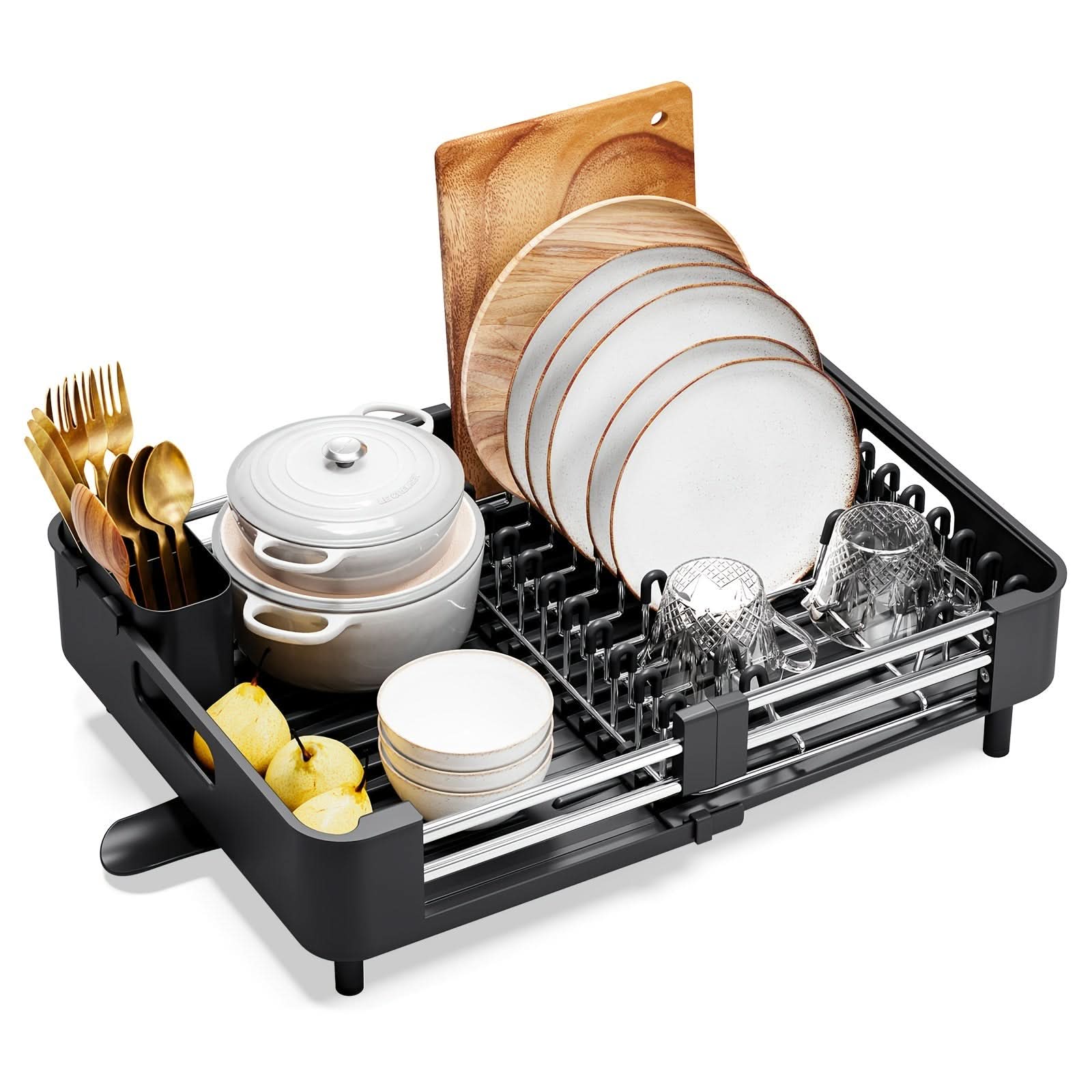 Expandable Dish Rack with Drainage Spout for Easy Drying