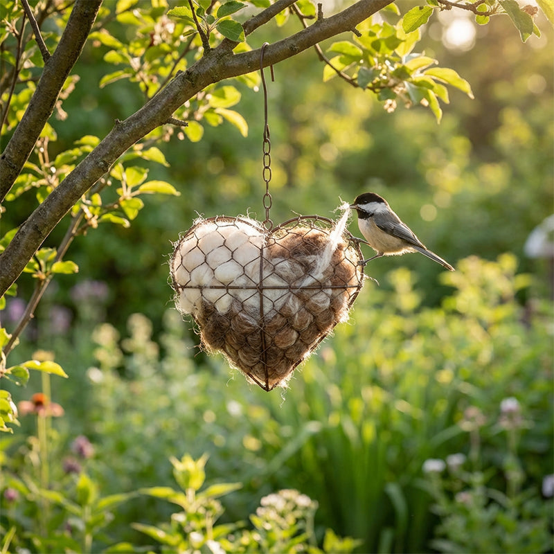 Heart-Shaped Iron Bird Nesting Material Holder with Hanging Chain