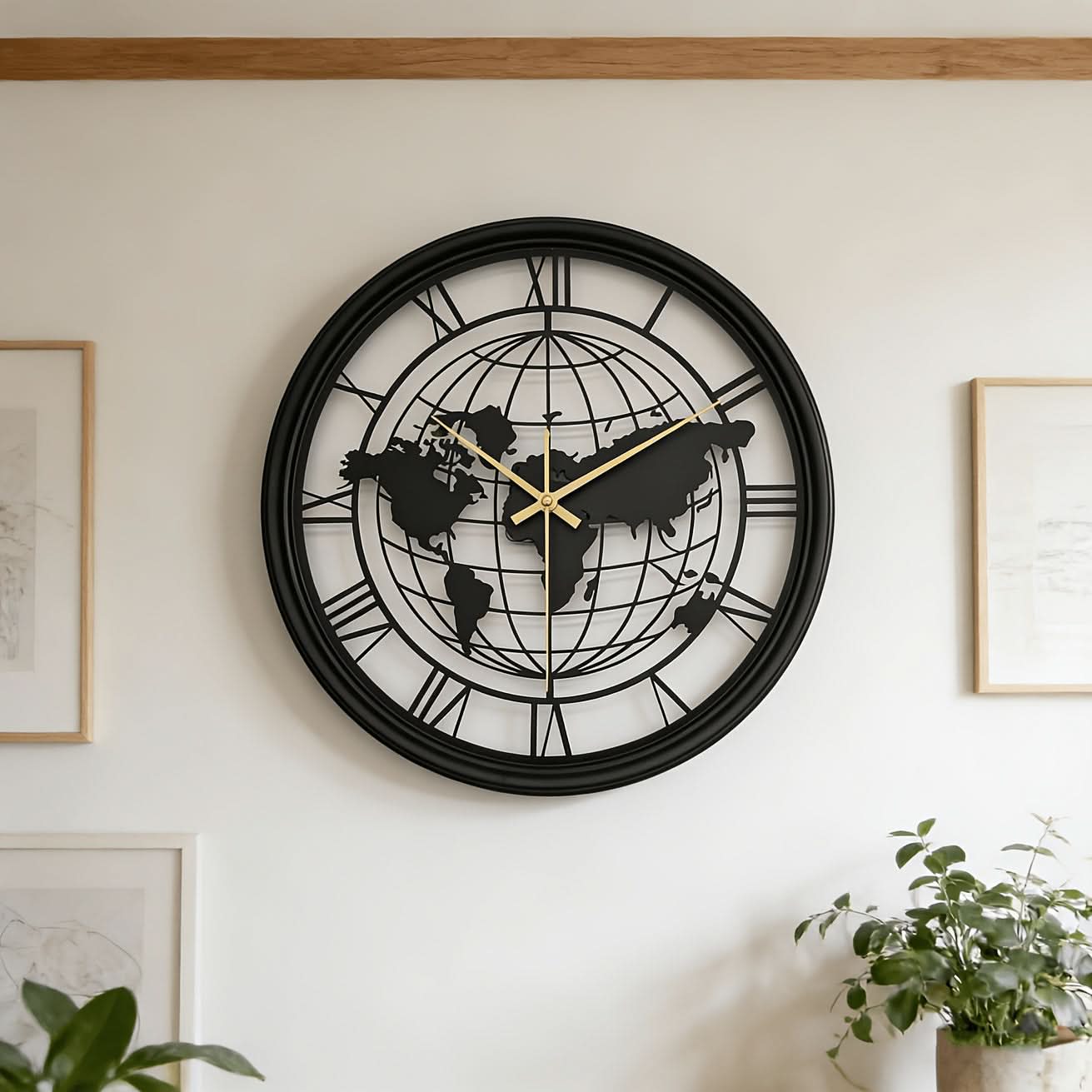 Silent Metal Wall Clock Featuring a Roman World Map Design