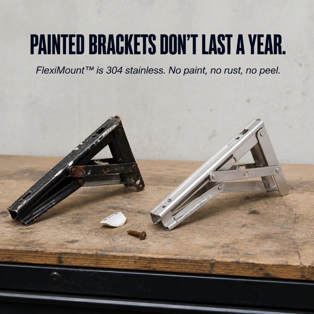 FlexiMount™ — Install Drop-Down Shelves Supporting 550 lbs That Fold Flat in Seconds