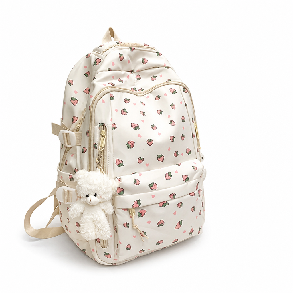 Large Capacity Rose Print Backpack (Teddy Bear Charm)
