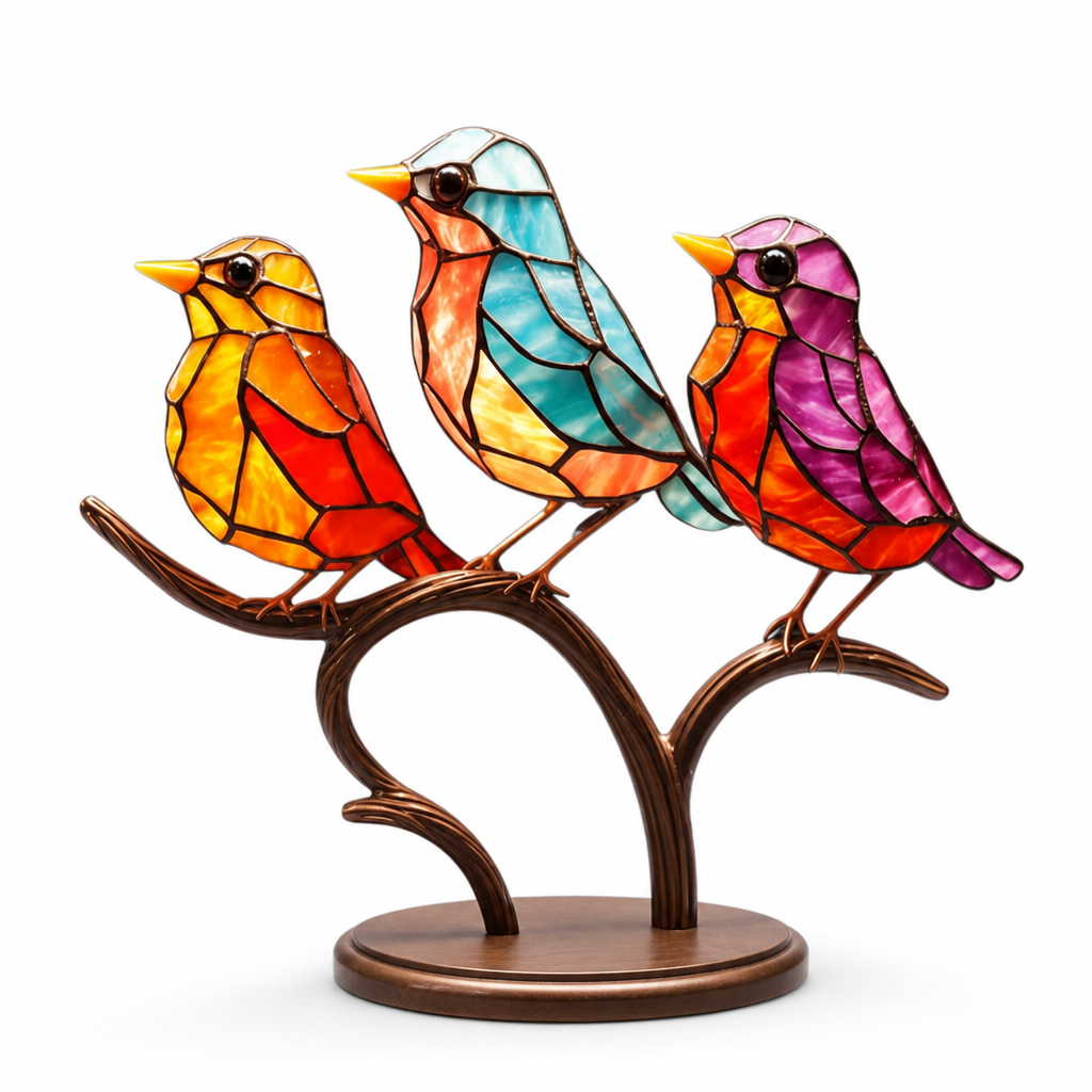 Handmade Colored Glass Bird Figurines (Set of 3 With Display Stand)