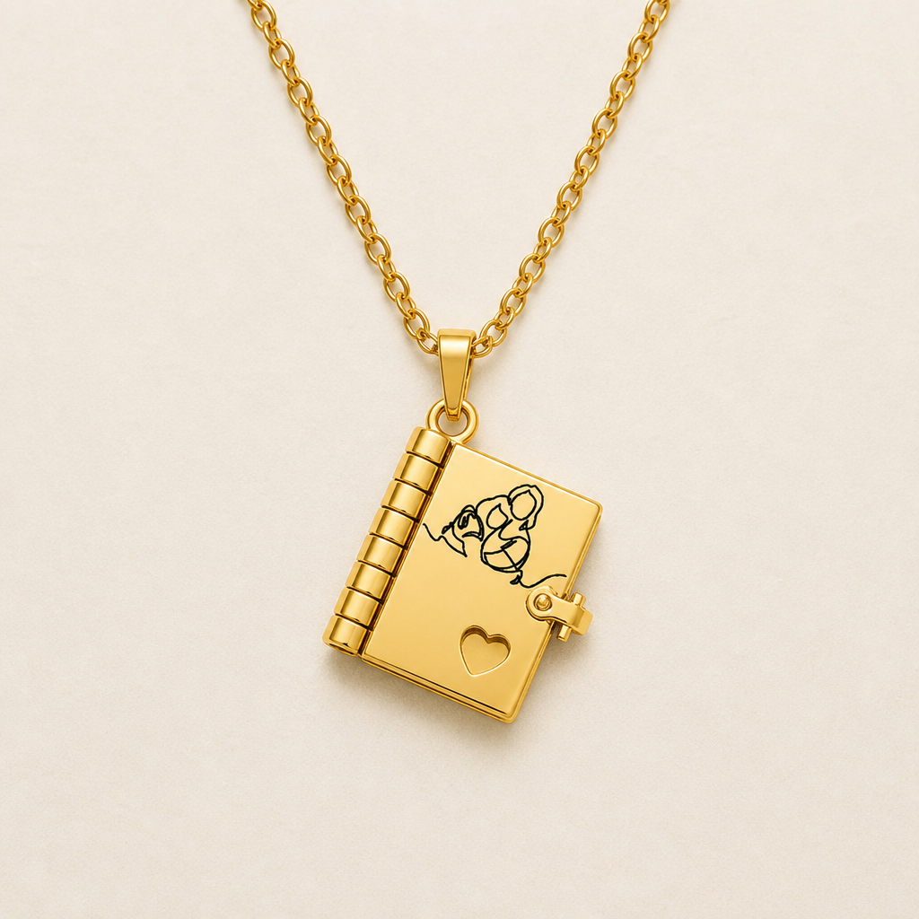 AmorieLuxe™ – Engraved Book Locket Necklace with Heart Cutout & Hidden Pages