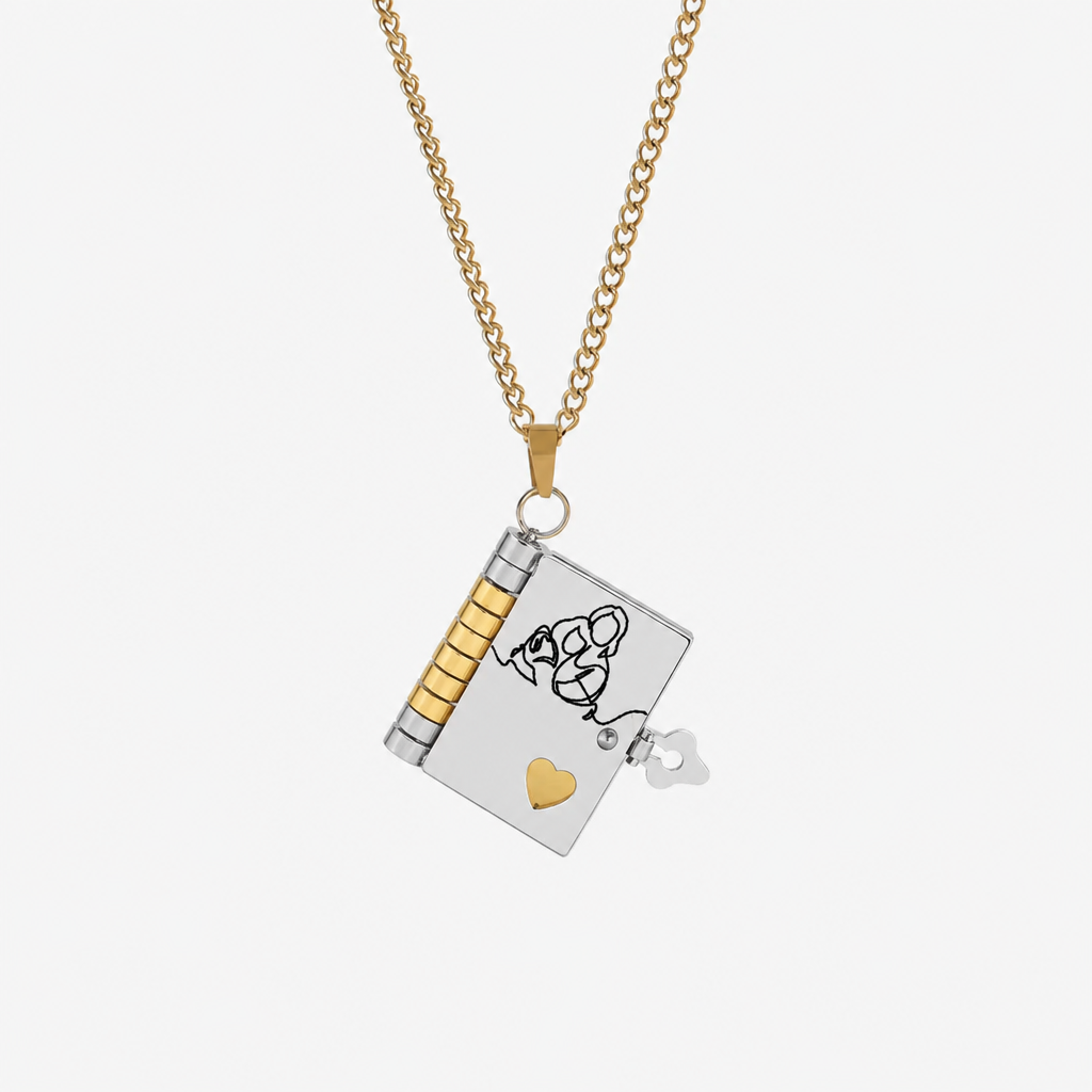 AmorieLuxe™ – Engraved Book Locket Necklace with Heart Cutout & Hidden Pages