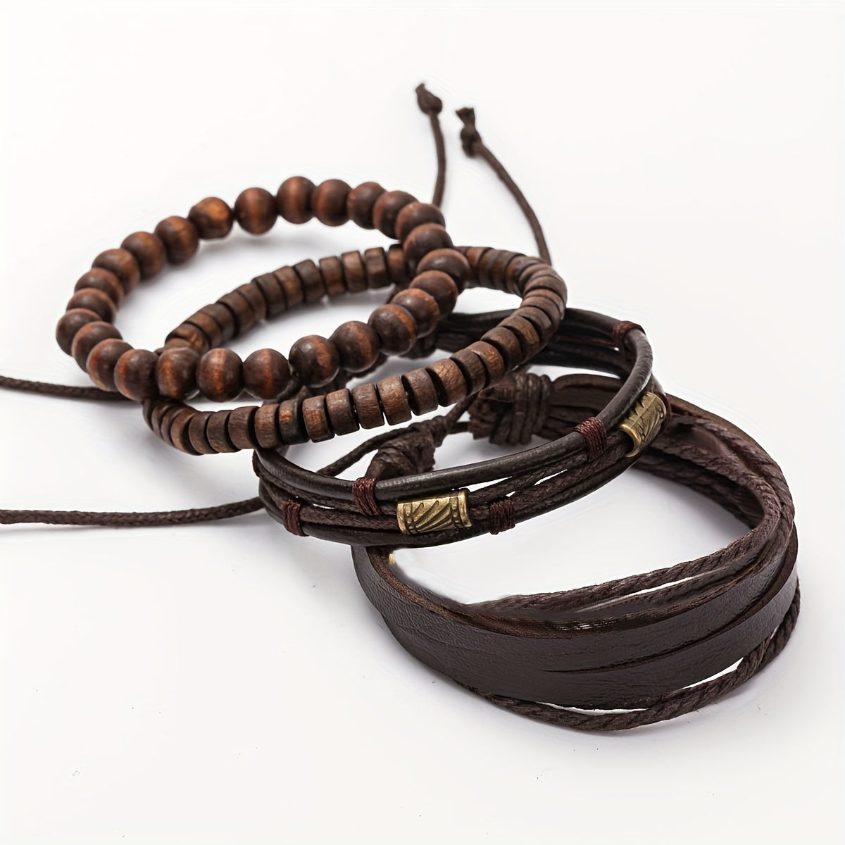 Multilayer Adjustable Bracelet Set with Wooden Beads and Leather