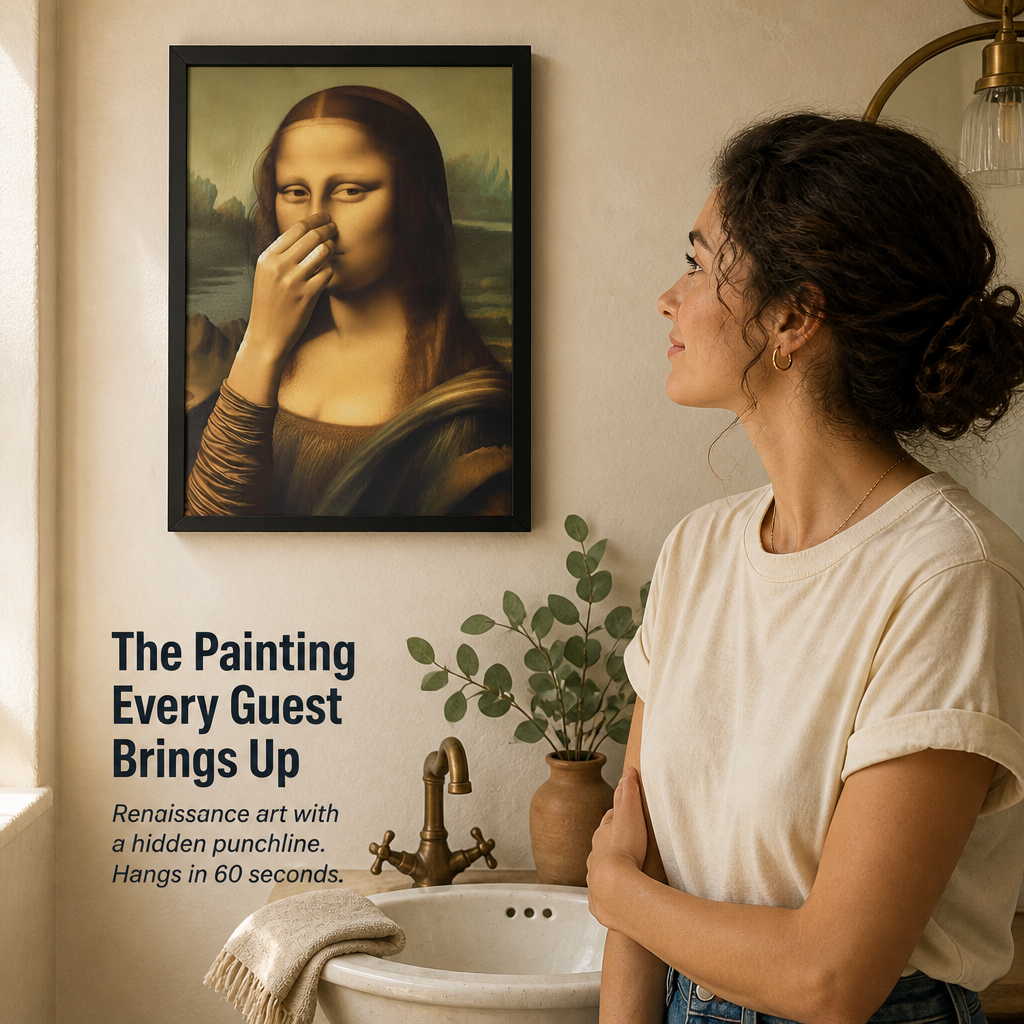 QuirkyCharm™ — Hang Mona Lisa Holding Her Nose Over Your Toilet