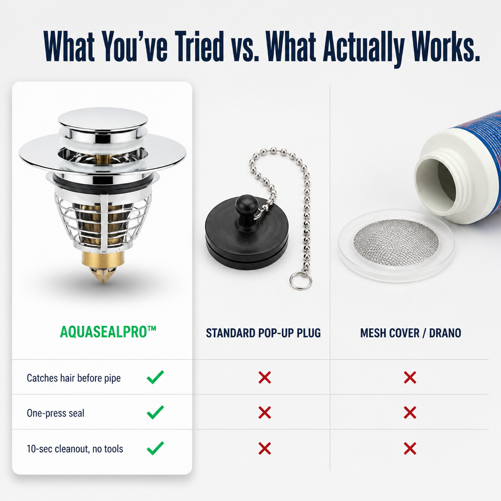 AquaSealPro™ — Catch Hair, Seal Drains, Clean with a Single Press
