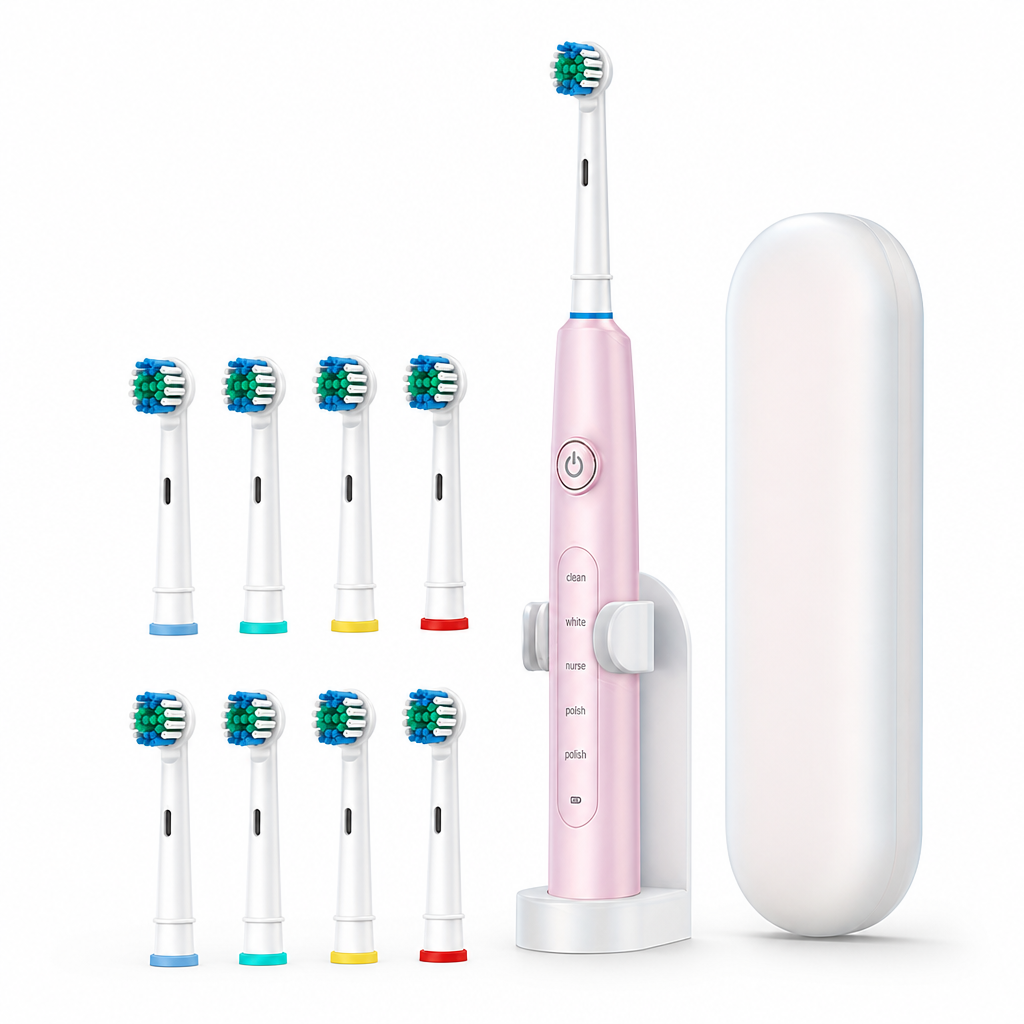 Electric Toothbrush with Rotating Whitening Action – 8 Replacement Heads + Travel Case