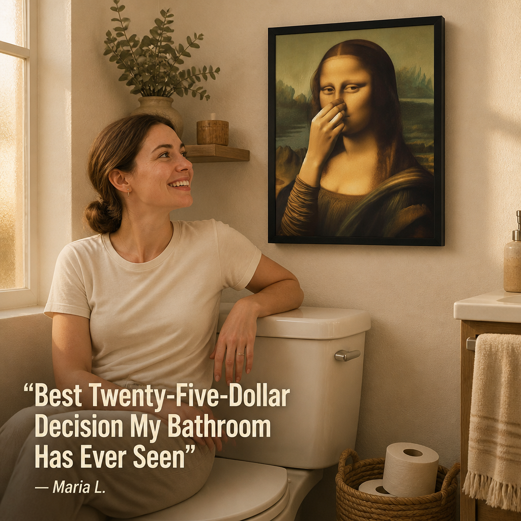 QuirkyCharm™ — Hang Mona Lisa Holding Her Nose Over Your Toilet