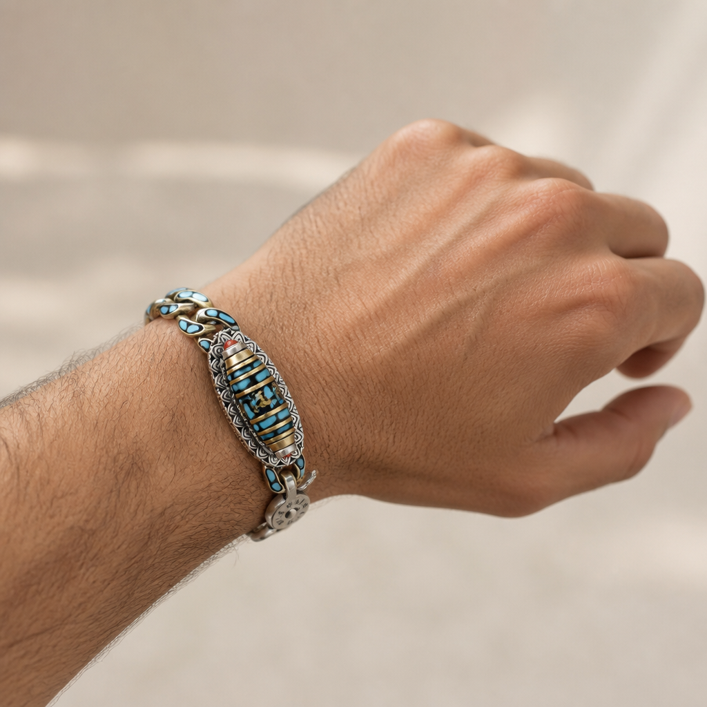 SereniStone™ – Tibetan Nine-Eyed Dzi Bead Bracelet Featuring Turquoise Inlay