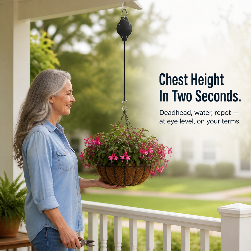 FlexiBloom™ — Lowered Hanging Baskets For Ladder-Free, Easy Watering