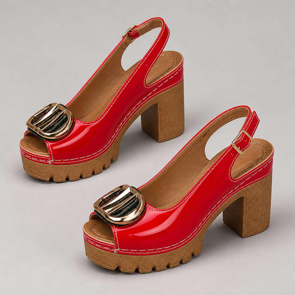 VivantaStrut™ – Bold Chunky Slingback Platform Heels with Gold Buckle