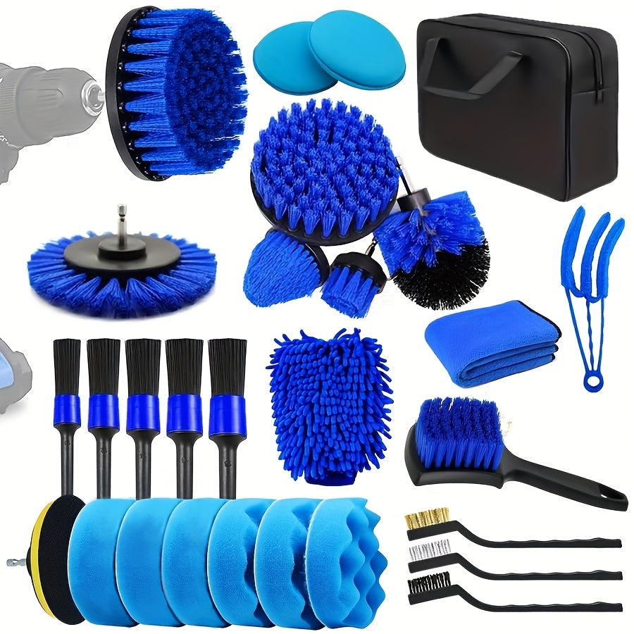 28-Piece Brush Set for Automatic Car Washing with Drill Attachments and Bag
