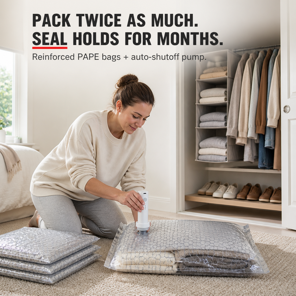SpaceSculptor™ — Slash Closet Clutter by 80% Without Puffy Backup Bags