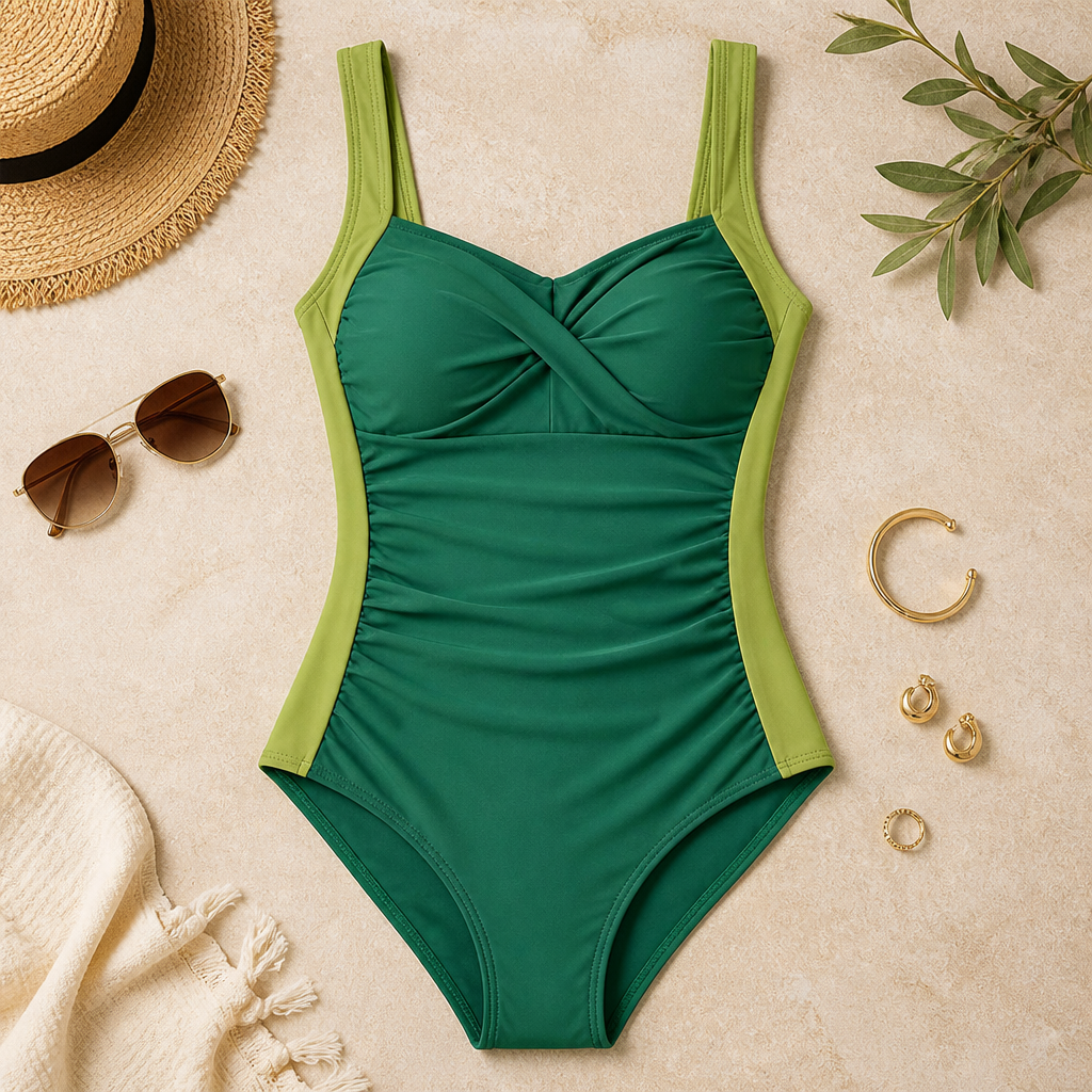 VitaFlow™ – Ruched Tummy-Control One-Piece Swimsuit with Twist-Front Bust