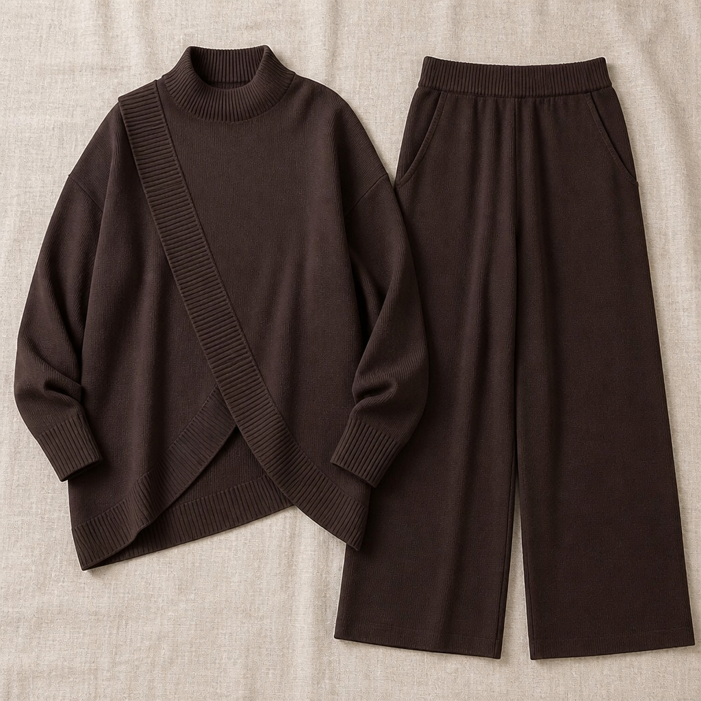 CelestiaKnit™ – Large Asymmetric Knit Ensemble Featuring Wide-Leg Trousers