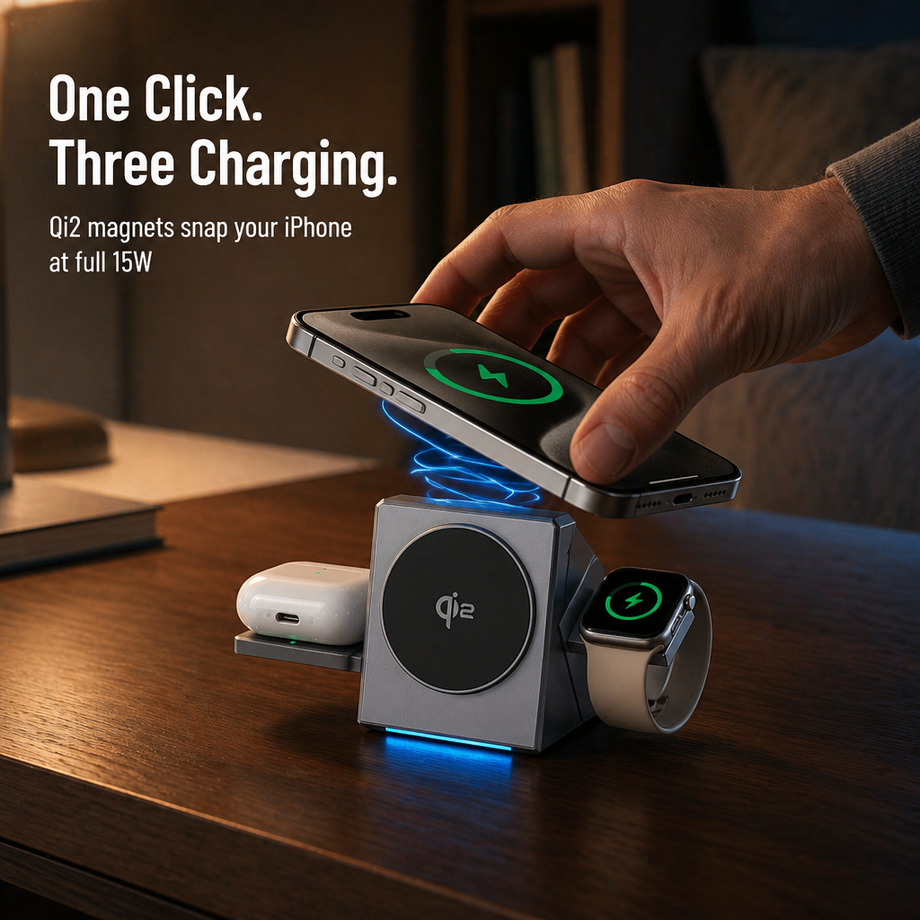 ChargeFlow™ — Attach Your iPhone, Watch & headset to One Foldable Qi2 Stand