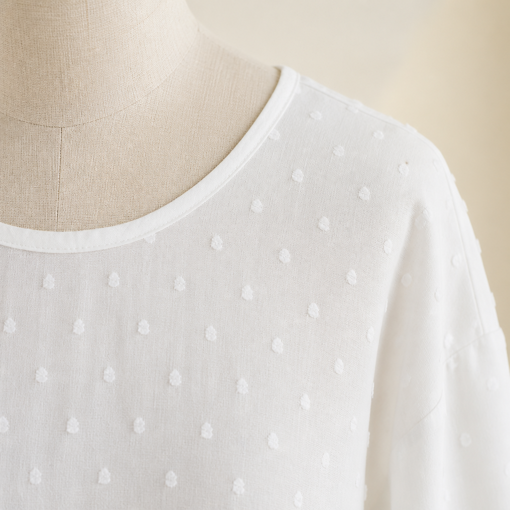 SilkoraWave™ – Laid-Back Swiss-Dot Top Featuring Buttoned Sleeve Tabs