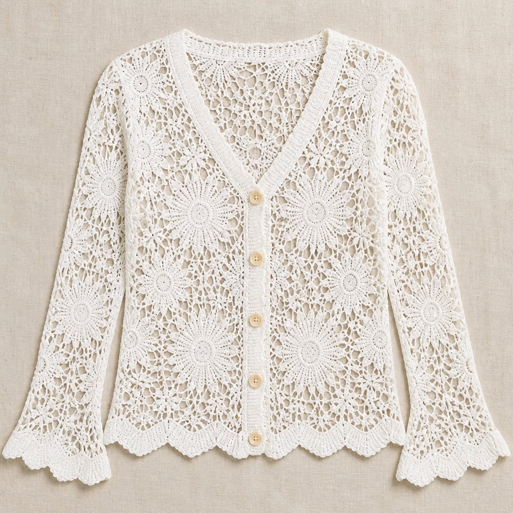 DeloraLace™ – Romantic Crochet Lace Buttoned Top with Scalloped Edge Hem