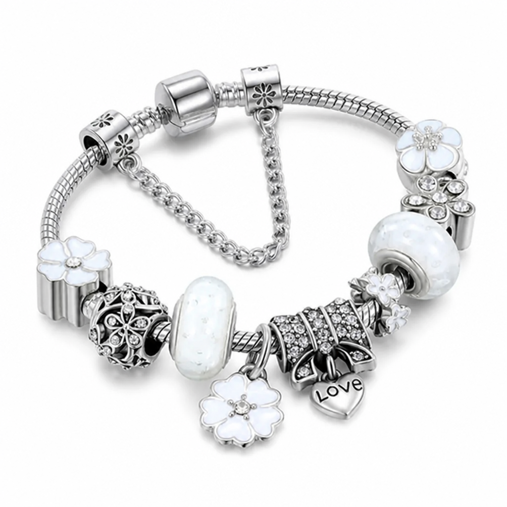 Stainless Steel Adjustable Fit Peach Blossom Charm Bracelet